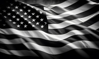 A black and white American flag waving on a black background. Flag of USA. american flag isolated on black background