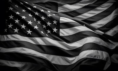 A black and white American flag waving on a black background. Flag of USA.