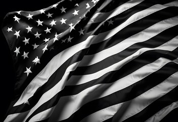 A black and white American flag waving on a black background. Flag of USA. american flag isolated on black background