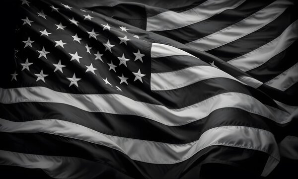 A black and white American flag waving on a black background. Flag of USA.