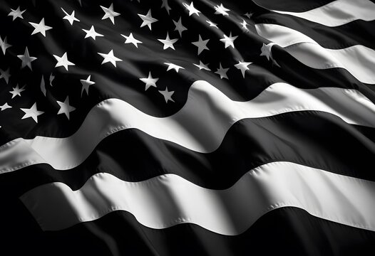 A black and white American flag waving on a black background. Flag of USA. american flag isolated on black background