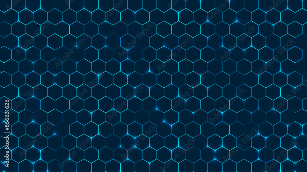 Poster Hexagonal Abstract Technology Background. Hexagons Pattern for Hi-Tech Communication Design. Hi-tech Cyber Hexagon Sci-Fi Game Banner Grid. Nano Shield Pattern. Vector Illustration