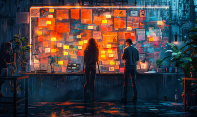 Fototapeta premium Late Night Brainstorm: Female UX Architect and Male Design Engineer Collaborate on Mobile App in Office with Sticky Notes During Creative Session