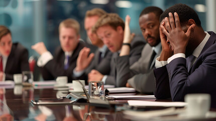 A diverse group of business people in a stressful meeting. The scene is intense and serious
