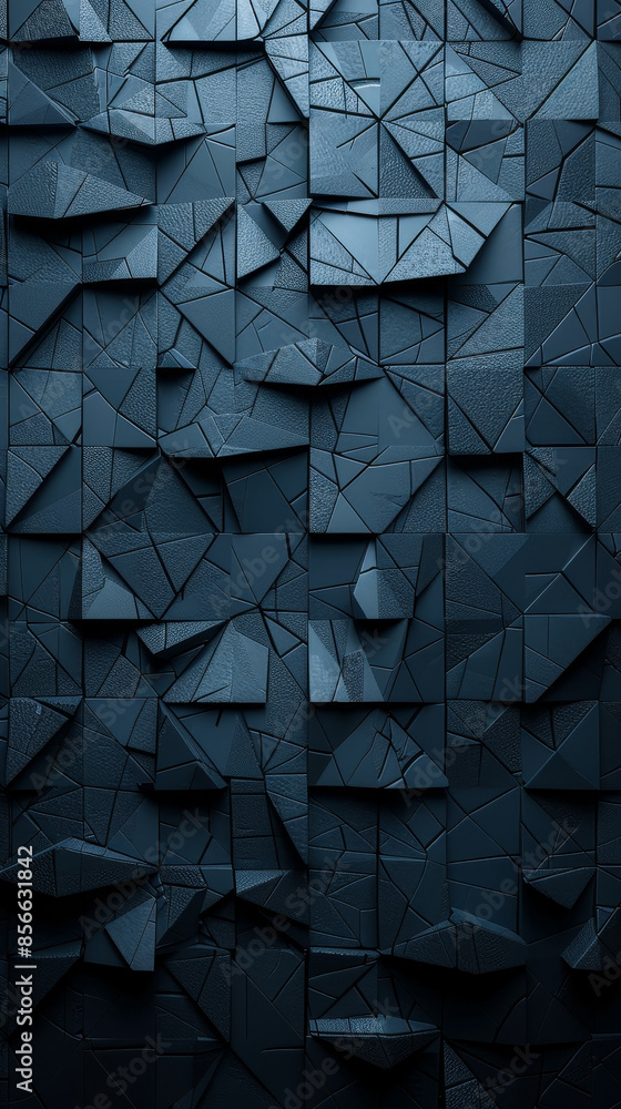 Poster futuristic 3d black triangular tile wall background with polished edgy blocks, modern architectural 