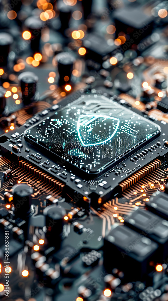 Poster futuristic security technology concept with shield symbol on microchip, data flows across advanced m