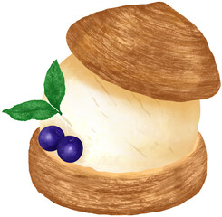 A croissant filled with white ice cream and topped with blueberries looks delicious. It's perfect as a snack and dessert for the summer.