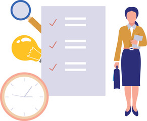 The girl is standing near checklist