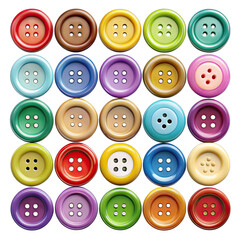 A collection of colorful buttons, each with four holes, arranged in a five by five grid against a white background. Generative AI