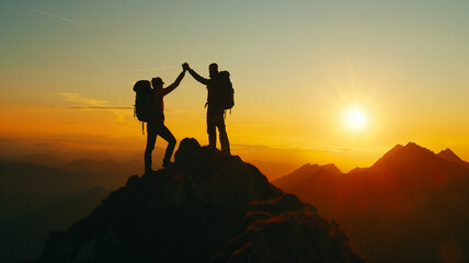 Two hikers high-five on top of the mountain at sun rise, in silhouette.