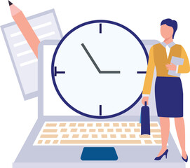 The girl is standing near laptop