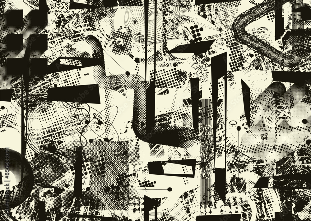 Aufkleber Glitch distorted grungy abstract forms . Cyber punk seamless pattern texture. Halftone dots .Futuristic background . Glitched shapes with dots and lines .Screen print endless pattern texture