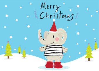 Cute elephant hand drawn Doodle Vector  in christmas day,cute animal