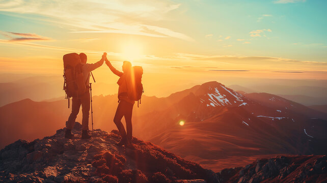 Two hikers high-five on top of the mountain at sun rise, in silhouette.
