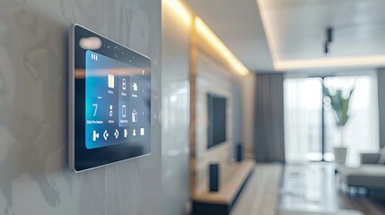 In a contemporary home, a stylish touch-based control panel on the wall offers home automation choices for lighting, security, and climate control. Generative AI