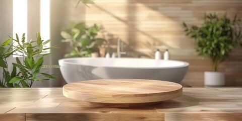 Fototapeta premium Wooden Podium in a Modern Bathroom with a Bathtub