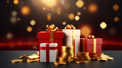 a group of gift boxes and coins