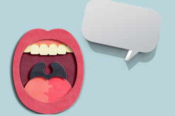 Speech, communication. Open mouth, conversation bubbles and quote symbols. Rhetoric, oratory,...