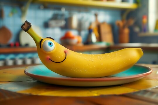 A banana with a funny face, lying on a colorful circular plate. The banana has exaggerated features, including large eyes and a goofy smile, in a kitchen setting. Joyful and entertaining.