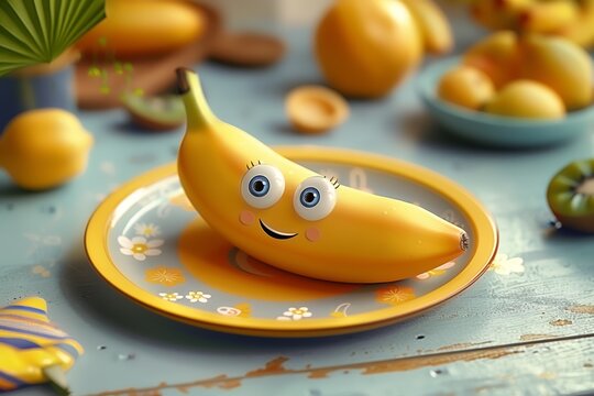 A banana with a funny face, lying on a colorful circular plate. The banana has exaggerated features, including large eyes and a goofy smile, in a kitchen setting. Joyful and entertaining.