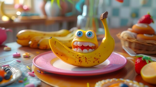 A banana with a funny face on a circular plate. The banana has googly eyes and a wide, toothy grin, surrounded by a colorful breakfast setting. Playful, bright morning atmosphere.