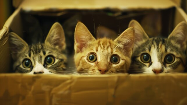 A box with several cats peeking out, showing their whiskers and ears. The scene highlights the curiosity and playful spirit of cats. Friendly and inviting.