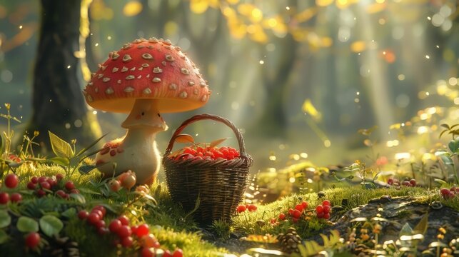 A charming mushroom character with a happy expression and tiny feet, walking through a fairy-tale forest. It carries a small basket of berries, with beams of sunlight highlighting the scene.