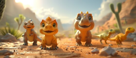 A group of cute 3D dinosaurs of different breeds in a desert landscape. The dinosaurs have friendly expressions and vibrant colors, making the scene lively and endearing. Warm and playful atmosphere.