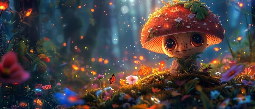 A cute mushroom character stands in a vibrant forest. 
surrounded by colorful flowers and glowing fireflies. Soft whimsical atmosphere.