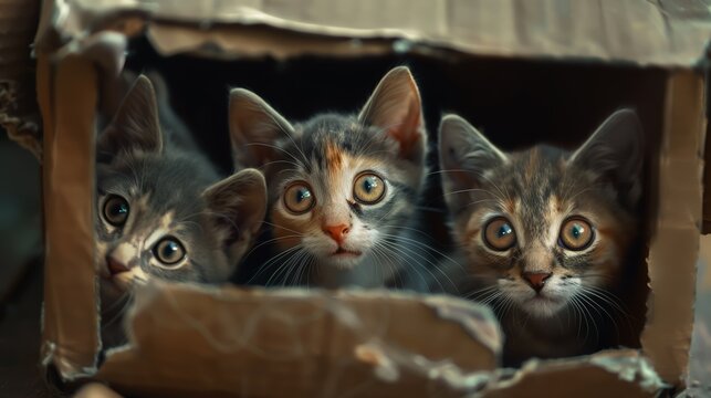 A group of curious cats peeking out from a box. The cats' wide eyes and playful expressions make the scene adorable and engaging. Cozy and fun atmosphere.