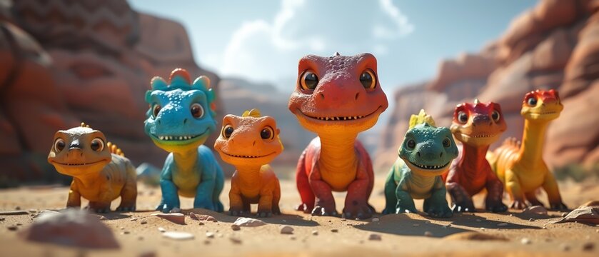 A group of cute 3D dinosaurs of different breeds in a desert landscape. The dinosaurs have friendly expressions and vibrant colors, making the scene lively and endearing. Warm and playful atmosphere.