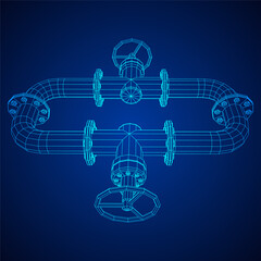 Oil pipeline with valve. Petrol production. Petroleum fuel industry transportation line. Wireframe low poly mesh vector illustration