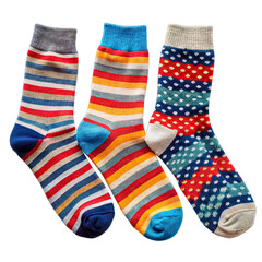 Three pairs of colorful winter socks, each with a different pattern, displayed against a white background. Generative AI