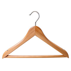 A brown wooden suit hanger with a silver metal hook. wooden hanger on transparent background. Generative AI