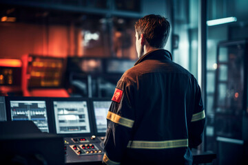 Adult man in a firefighter's uniform using a computer in an industrial control room. The room is filled with technical equipment, creating a modern and professional setting