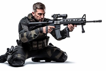 Fototapeta premium Military soldier lying down aiming machine gun on white background for precision shooting practice