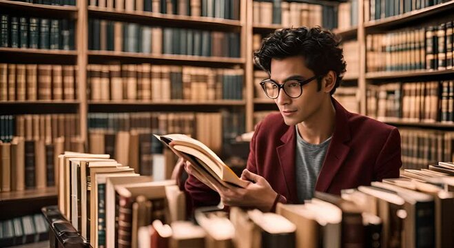 A man reads a book in the library that depicts a bookworm