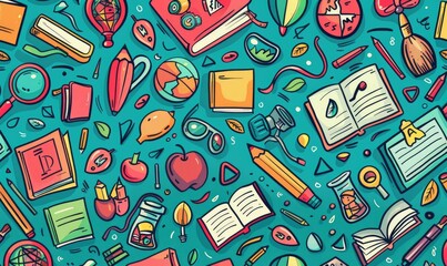 Playful Back to School Doodle Pattern with Education-Related Items