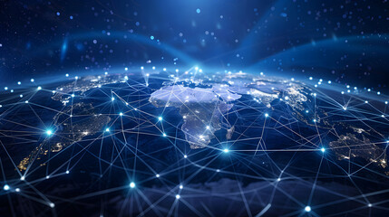 Fototapeta premium Global communication interconnection, where the bouncing light on the Earth's sphere connects various regions, is a communication concept.