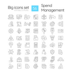 Spend management linear icons set. Spending documentation, financial stability. Regulatory compliance. Customizable thin line symbols. Isolated vector outline illustrations. Editable stroke