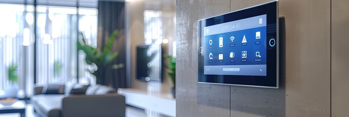 A sleek touchscreen control panel mounted on a contemporary wall in a smart home displays various home automation options, including lighting, security, and climate control. Generative AI