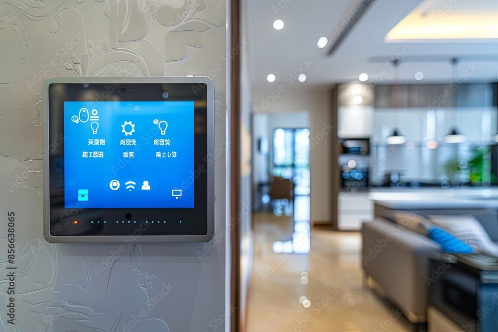 Poster A modern home automation control panel with a sleek touchscreen interface is mounted on a wall in a smart home interior. Generative AI