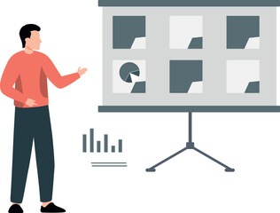 The boy is pointing to the presentation board.