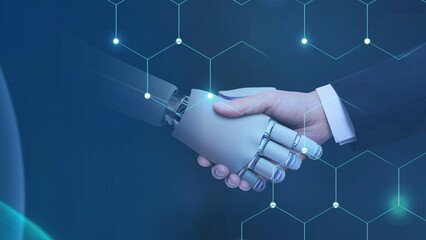 Business hand robot handshake, artificial intelligence digital transformation