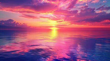 Obraz premium An image of a vibrant sunset over a serene lake, with colorful reflections shimmering on the water.
