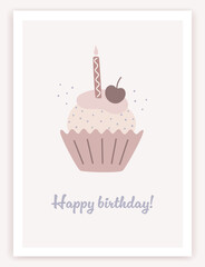 Happy birthday children's magic elements . Birthday trendy greeting card in flat design. Cute cupcake  illustration. Poster, banner or party invitation. Cartoon design. Vector illustration.
