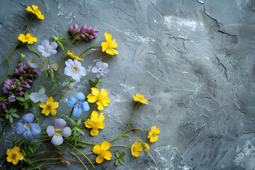 flowers on grey stone background, top view