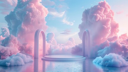 Dreamy pastel clouds with floating arches podium in center
