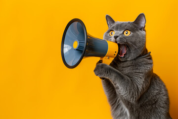 Fototapeta premium Gray cat holding a megaphone against a bright orange background, appearing to shout
