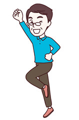 片手を突き上げてポーズをするシニア世代の男性